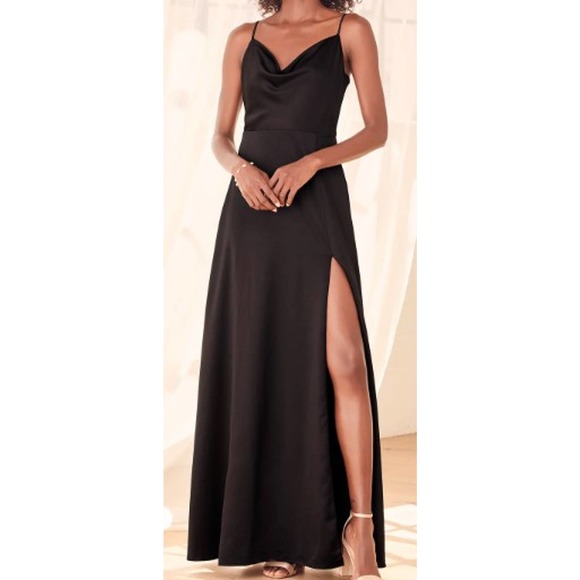 Lulus Dresses & Skirts - LULU'S SZ L Formal Invitation Black Satin Slit Cowl Neck Maxi Dress NEW B144